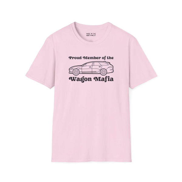 Proud Member of the Wagon Mafia softstyle t-shirt in pink, featuring a classic wagon graphic and bold text.