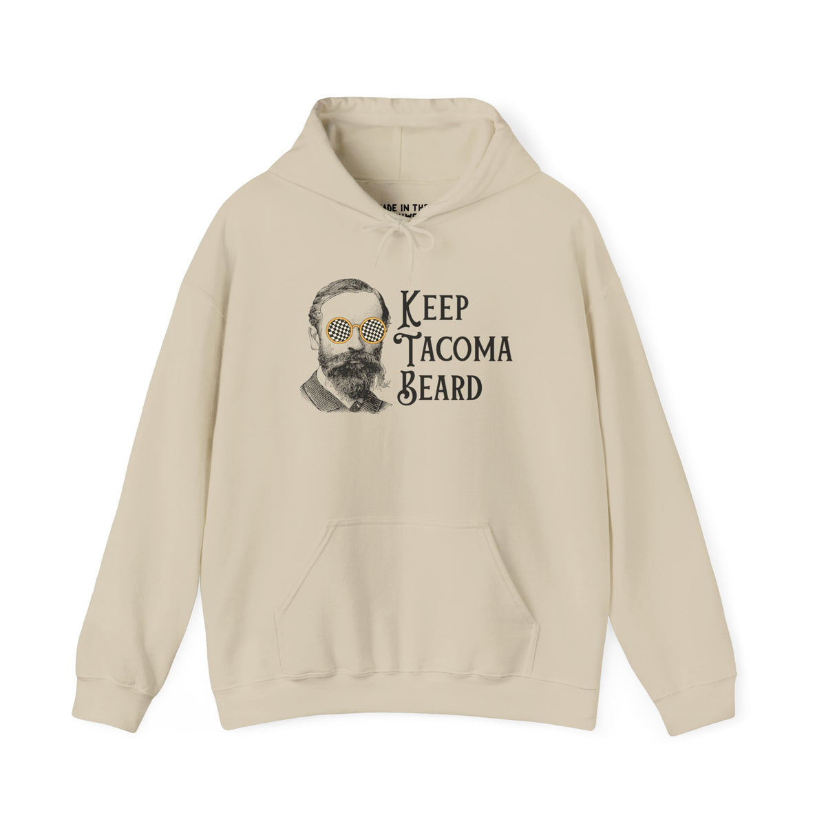 Keep Tacoma Beard hoodie featuring vintage man in sunglasses, celebrating Tacoma pride and style.