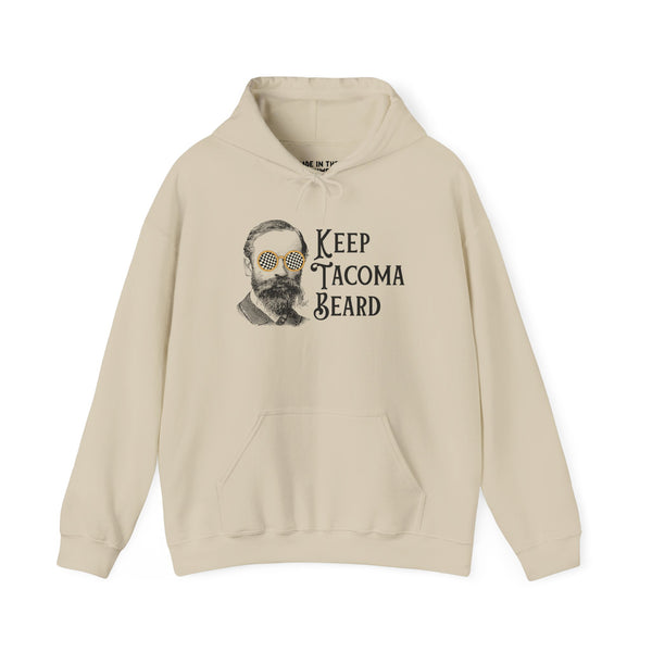 Keep Tacoma Beard hoodie featuring vintage man in sunglasses, celebrating Tacoma pride and style.