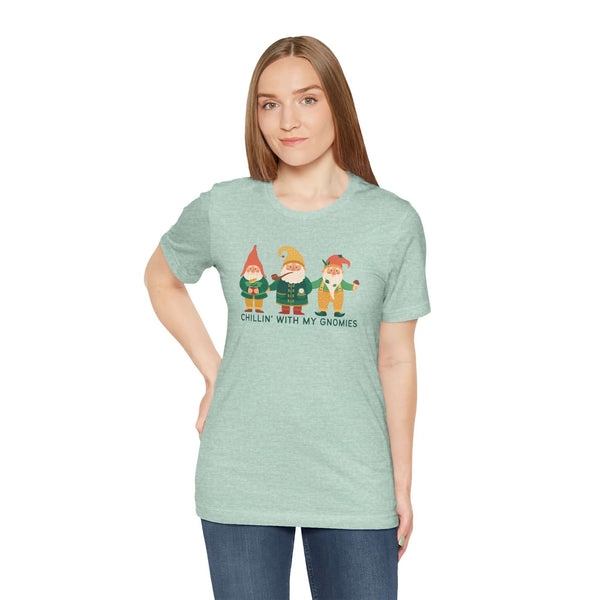 Woman in mint green tee featuring 'Chillin' with My Gnomies' design, showcasing garden gnomes and a fun vibe.