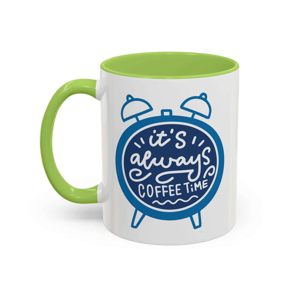 It's Always Coffee Time Mug with cheerful blue clock graphic and green handle.
