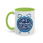 It's Always Coffee Time Mug with cheerful blue clock graphic and green handle.