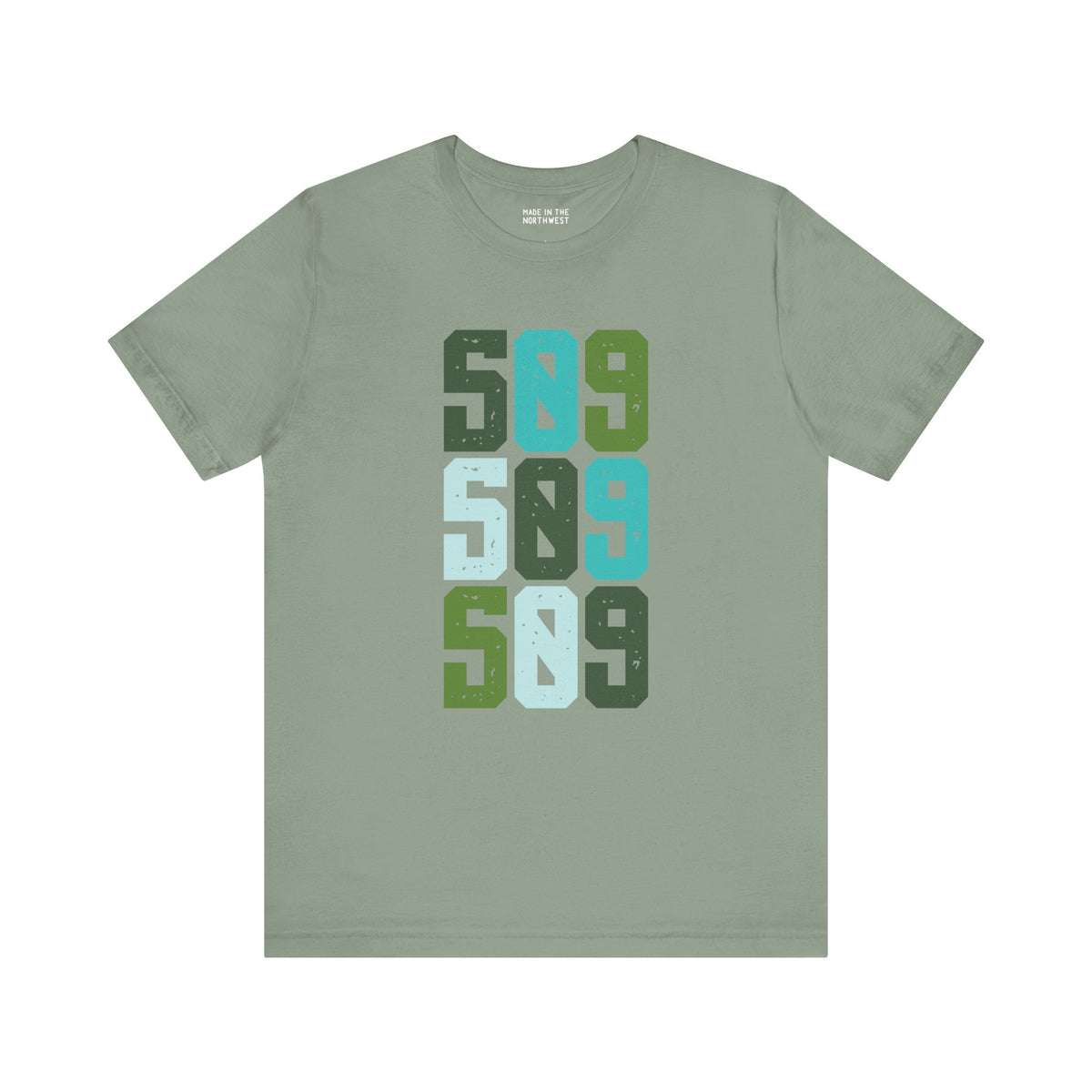 Five-Oh-Nine Pop Premium Soft Tee featuring bold green and blue stacked 509 design on gray shirt, perfect for local pride.