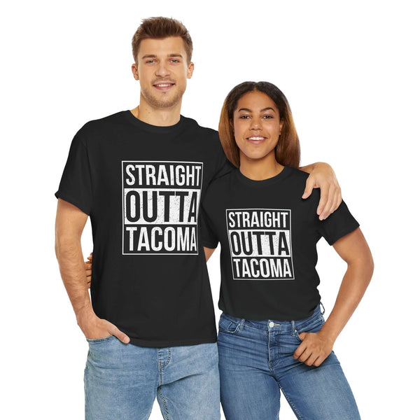 Two people wearing "Straight Outta Tacoma" athletic tees, showcasing city pride with a streetwear style backdrop.