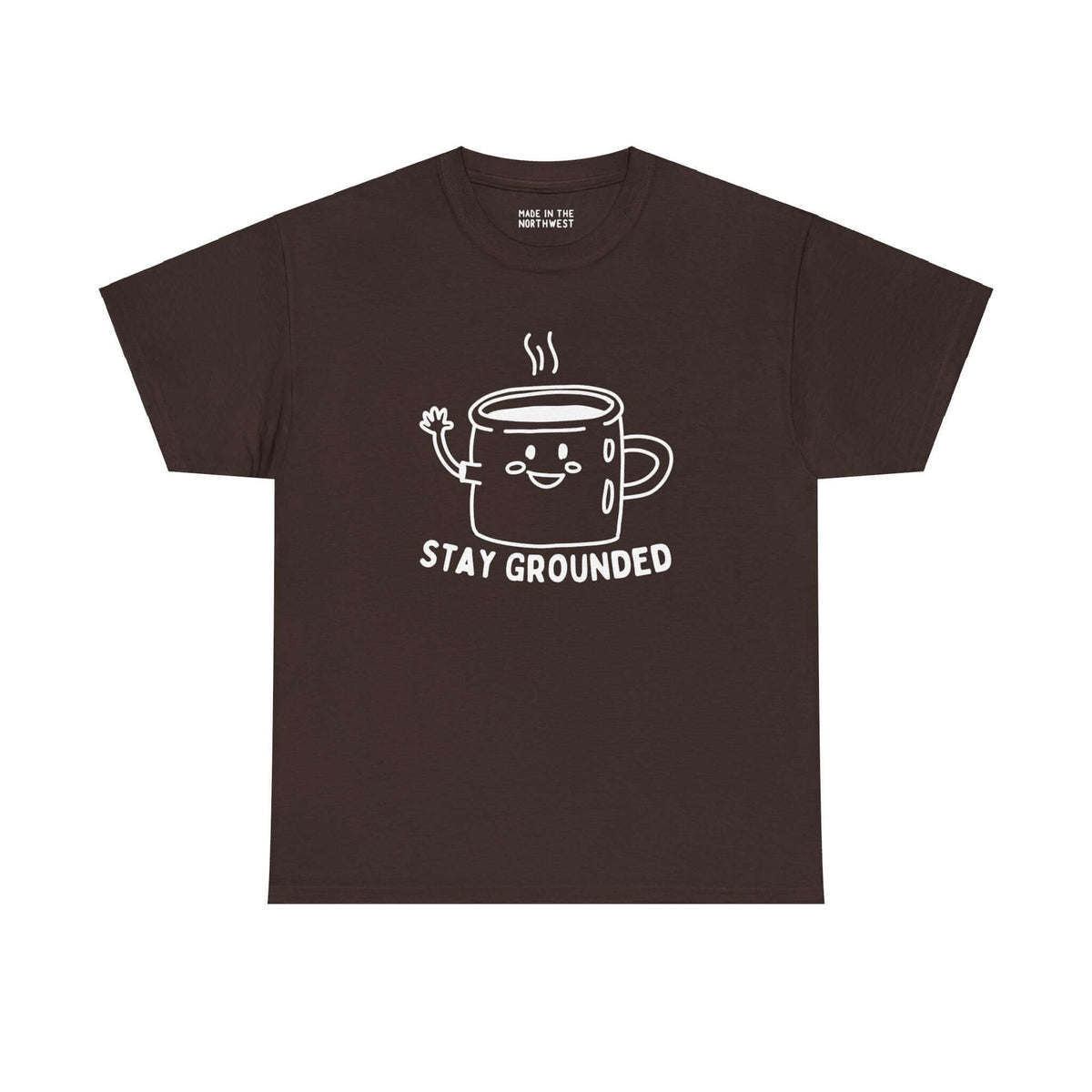 "Stay Grounded and Caffeinated tee with illustrated coffee mug on black shirt for coffee lovers"