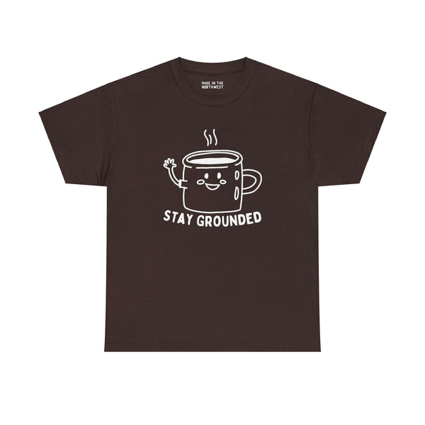 "Stay Grounded and Caffeinated tee with illustrated coffee mug on black shirt for coffee lovers"