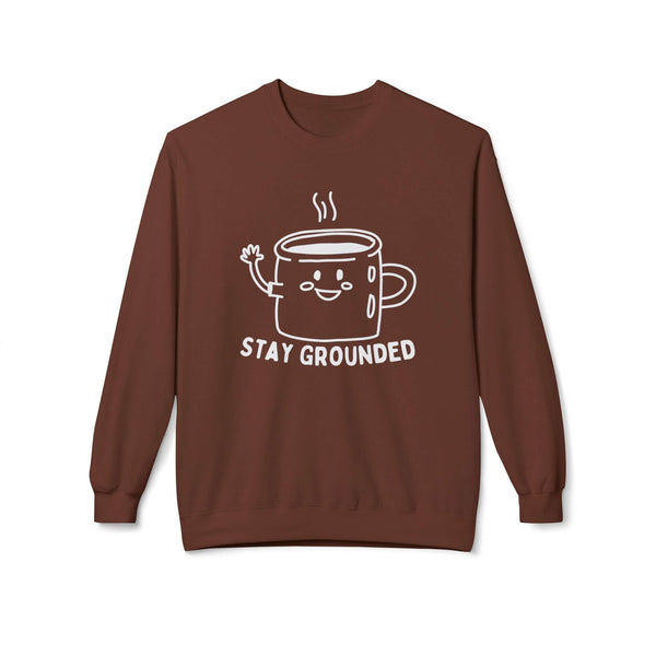 Stay Grounded sweatshirt featuring a minimalist coffee mug design with a friendly smile.