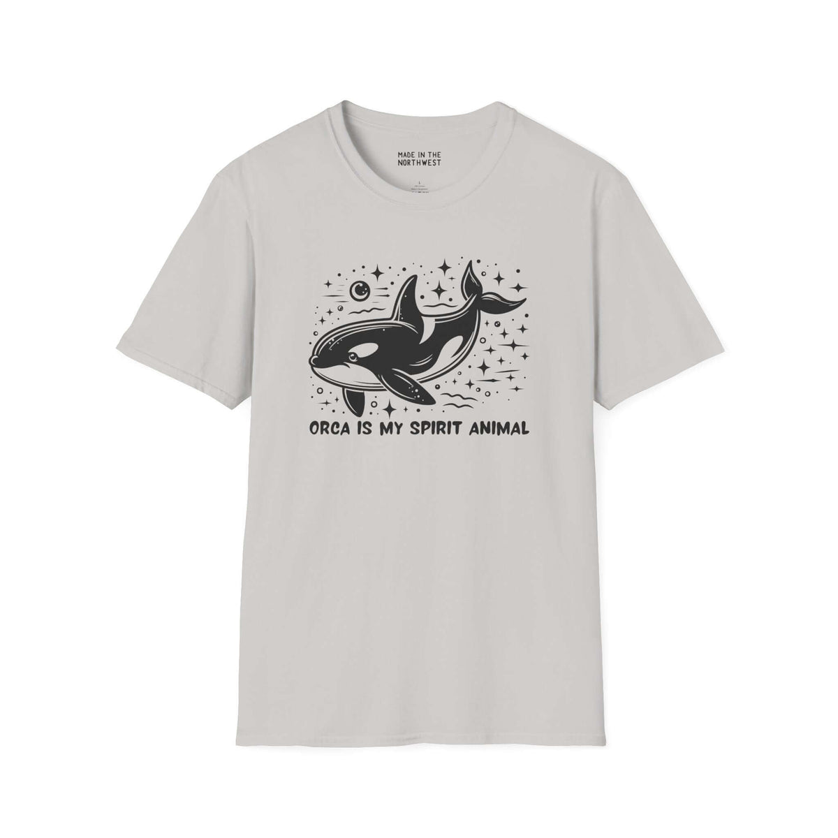 Orca Is My Spirit Animal softstyle t-shirt featuring a bold orca design on a light gray background.