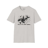 Orca Is My Spirit Animal softstyle t-shirt featuring a bold orca design on a light gray background.