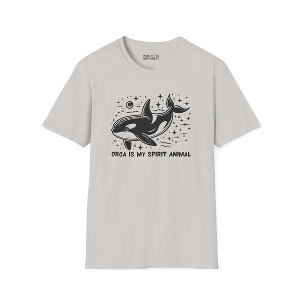 Orca Is My Spirit Animal softstyle t-shirt featuring a bold orca design on a light gray background.