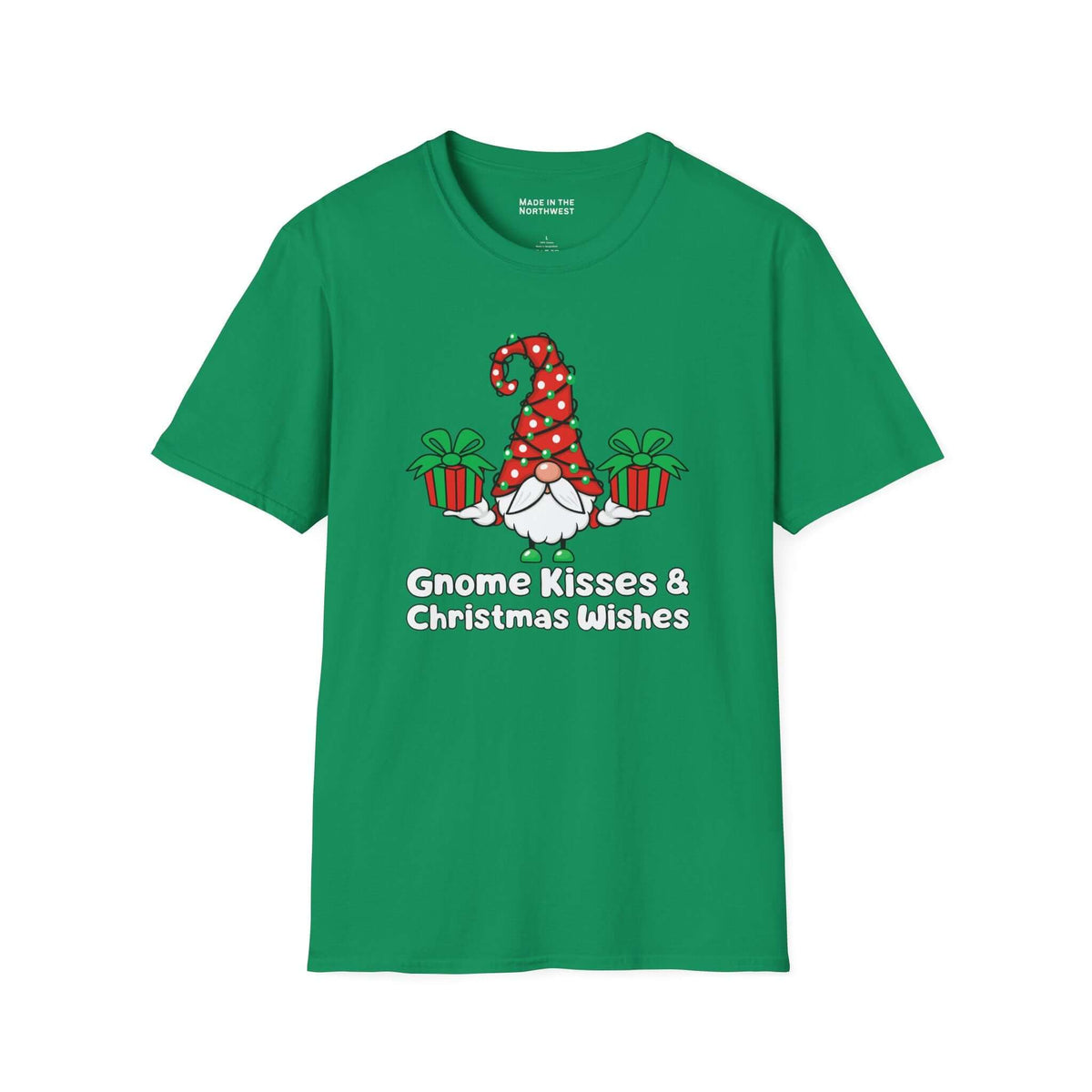 Gnome Kisses and Christmas Wishes T Shirt on a green background with gnome and wrapped presents design.