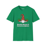 Gnome Kisses and Christmas Wishes T Shirt on a green background with gnome and wrapped presents design.
