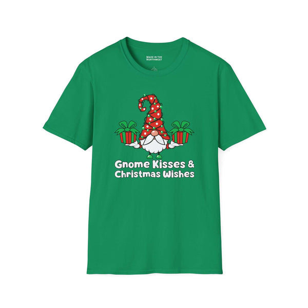 Gnome Kisses and Christmas Wishes T Shirt on a green background with gnome and wrapped presents design.