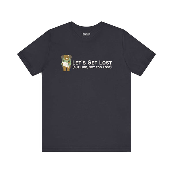 Let's Get Lost premium soft tee with fun design for hikers and adventurers, black color, perfect for outdoor enthusiasts.