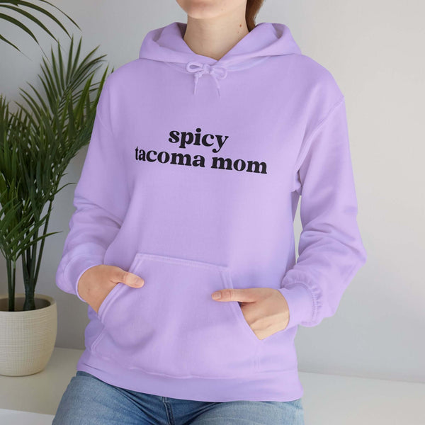 Spicy Tacoma Mom hoodie in lavender, featuring bold text, perfect for stylish moms who embrace attitude and fun.