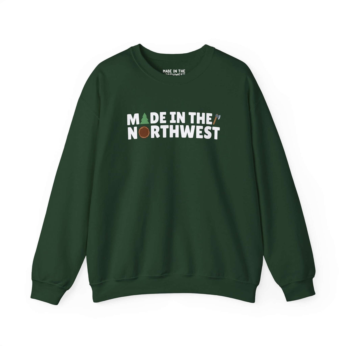 Green Northwest Woodlands sweatshirt with trees, log, and axe design, ideal for nature lovers and PNW enthusiasts.