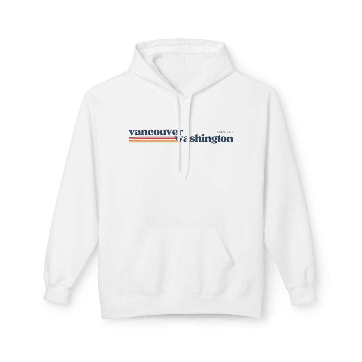 Retro Vancouver Hoodie featuring minimalist Vancouver graphic and soft retro stripes on a white background.