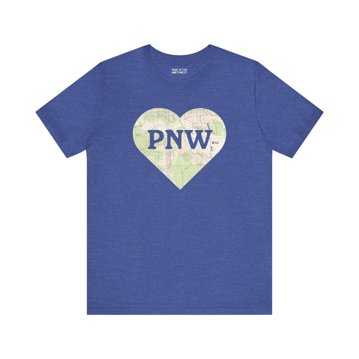 Blue tee with a heart-shaped topo map design featuring "PNW" in bold, celebrating the adventurous spirit of the Pacific Northwest.