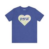 Blue tee with a heart-shaped topo map design featuring 