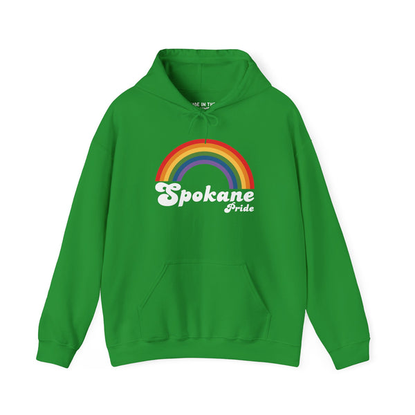 Retro green Spokane Pride hoodie featuring a vibrant rainbow design, celebrating love and inclusivity.
