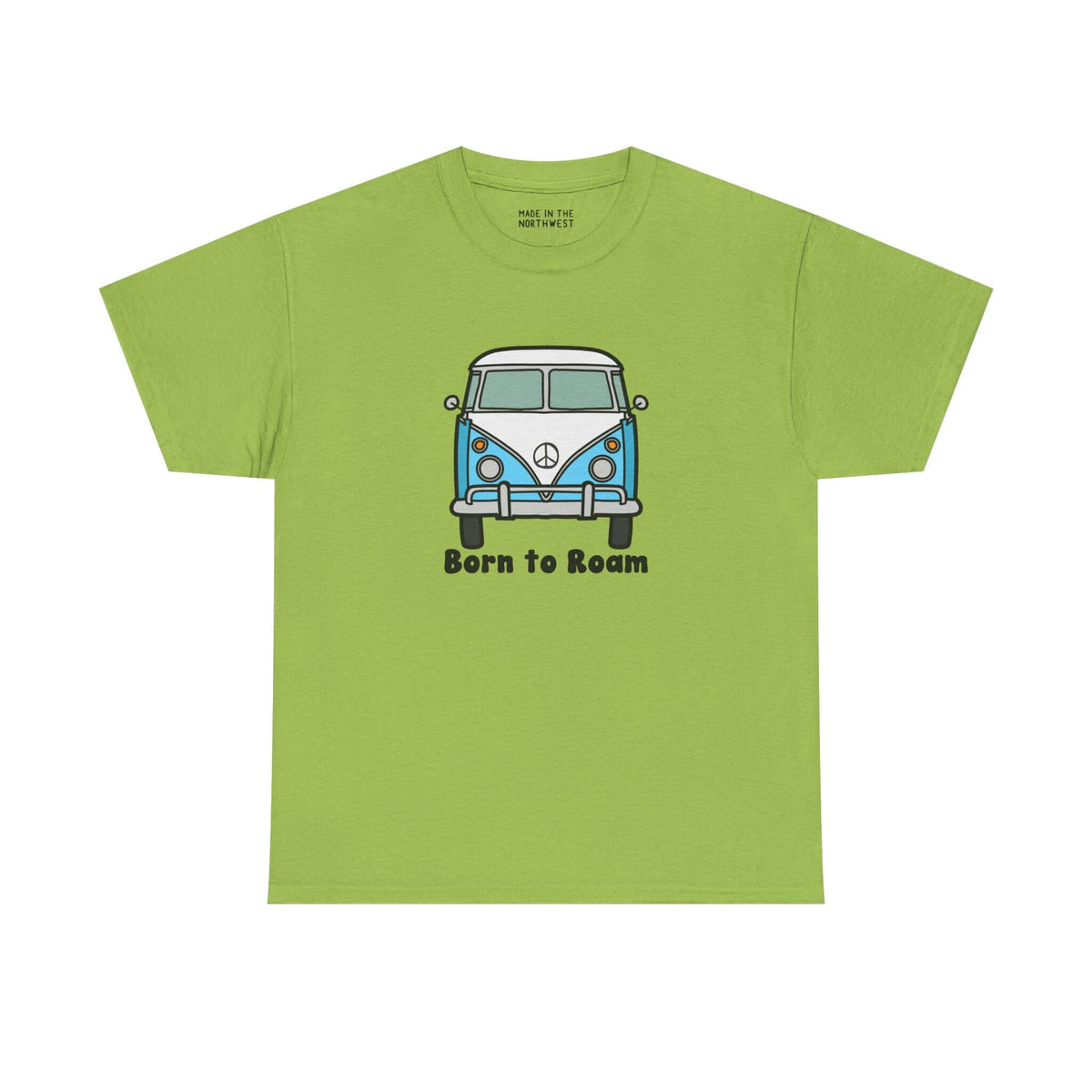 Born to Roam athletic tee featuring a classic blue vanagon bus design on a green shirt.