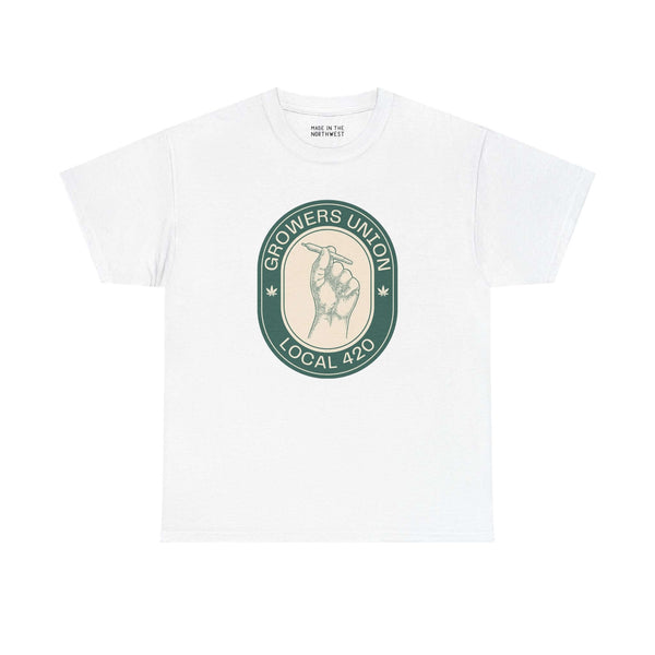 Grower's Union Local 420 Athletic Tee with hand holding joint illustration in green logo design.