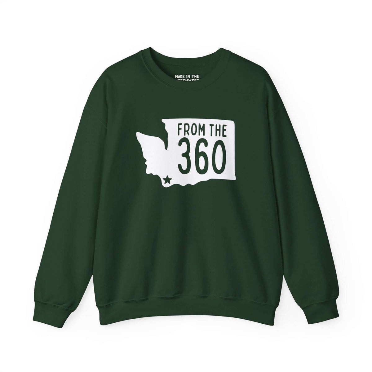 "Green From the 360 sweatshirt featuring Washington state silhouette and Vancouver star, showcasing local pride and area code style."