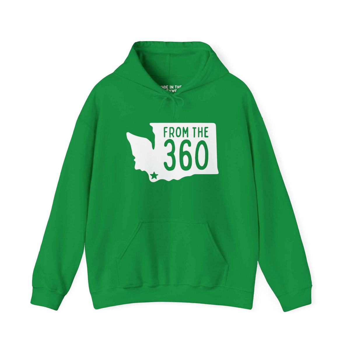 Green hoodie with "From the 360" text and Washington state silhouette highlighting Vancouver, showcasing local pride.