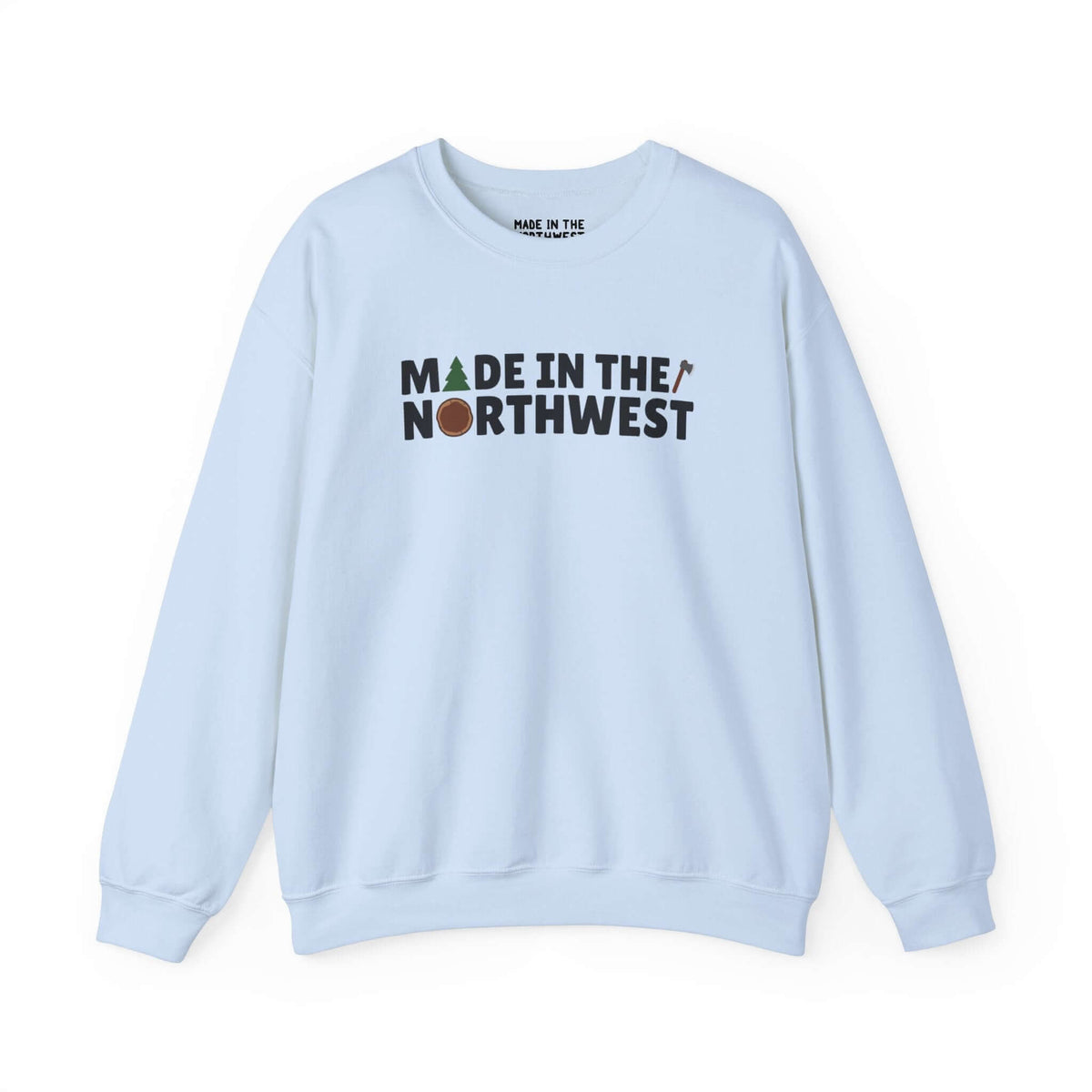 Light blue Northwest Woodlands sweatshirt with tree and axe design, perfect for nature lovers and Pacific Northwest enthusiasts.