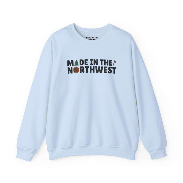 Light blue Northwest Woodlands sweatshirt with tree and axe design, perfect for nature lovers and Pacific Northwest enthusiasts.