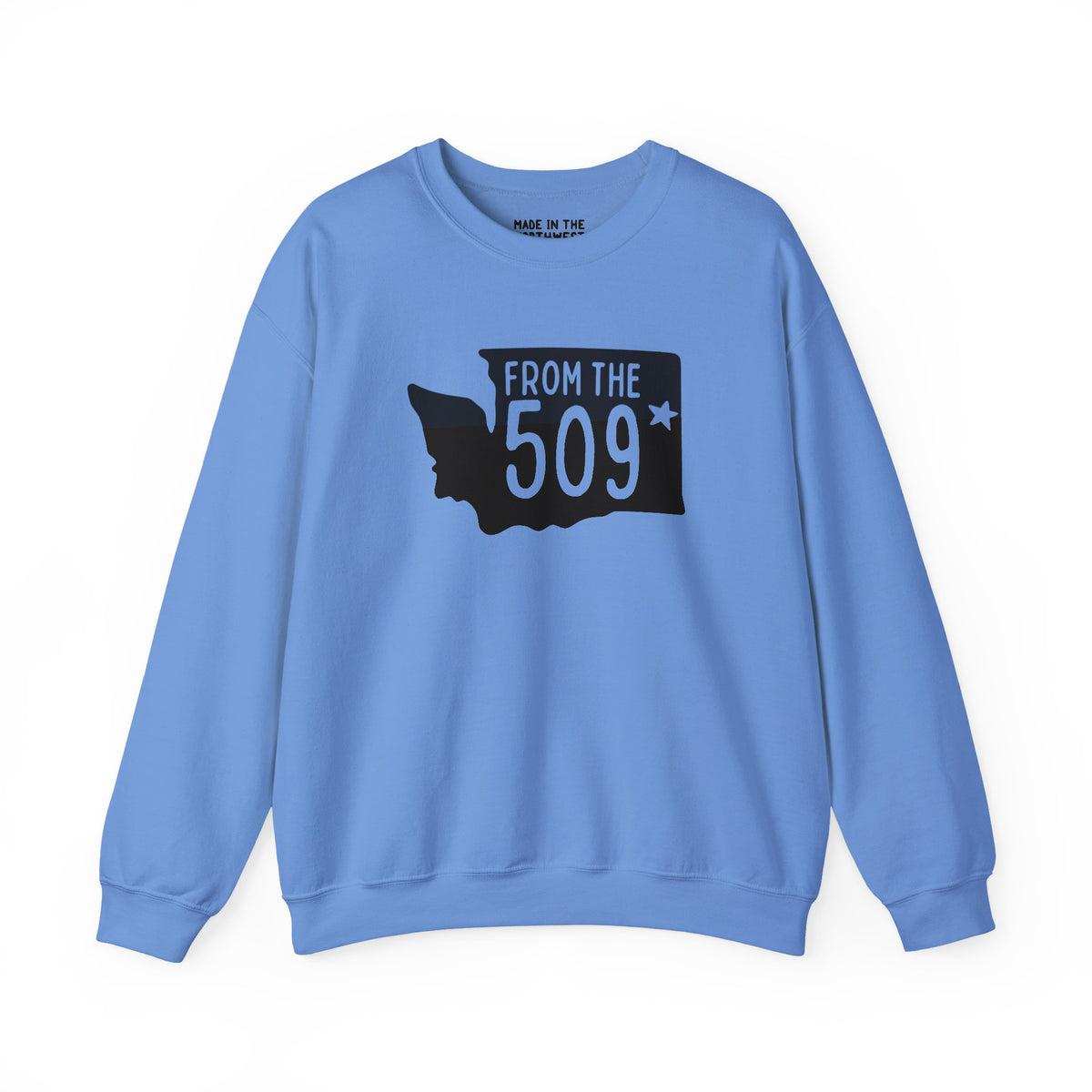 Sky blue sweatshirt featuring Washington state silhouette and bold 'From the 509' text, perfect for local pride.