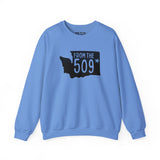 Sky blue sweatshirt featuring Washington state silhouette and bold 'From the 509' text, perfect for local pride.
