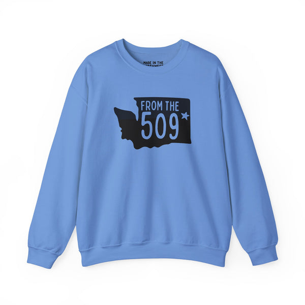 Sky blue sweatshirt featuring Washington state silhouette and bold 'From the 509' text, perfect for local pride.
