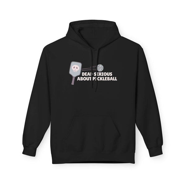 Dead Serious About Pickleball Hoodie featuring a skull paddle and pickleball graphic.