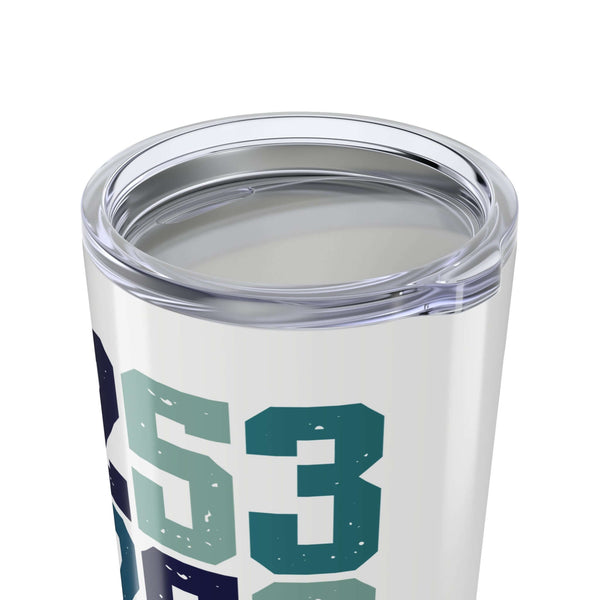 View of the rim of a 253 Area Code Coffee Tumbler showcasing the Tacoma 253 area code design.