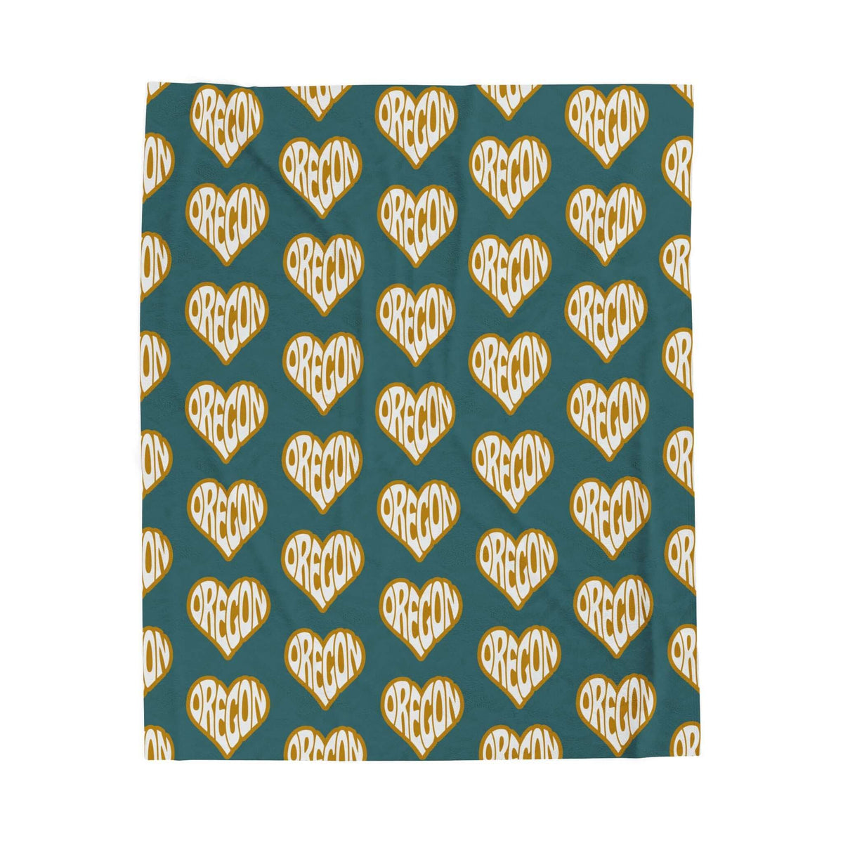 Oregon love blanket featuring heart-shaped design with bold typography on a teal background.