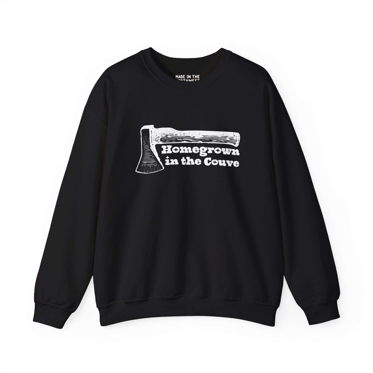 "Homegrown in the Couve sweatshirt with illustrated axe design, showcasing Vancouver pride and Pacific Northwest craftsmanship."