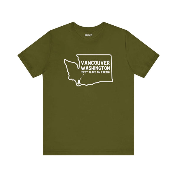 "Vancouver Washington soft tee with state outline and tree icon, celebrating Pacific Northwest charm and hometown pride."