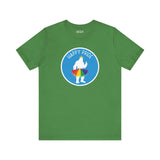 Green tee with Bigfoot silhouette in rainbow tutu and crown, celebrating Pride with 