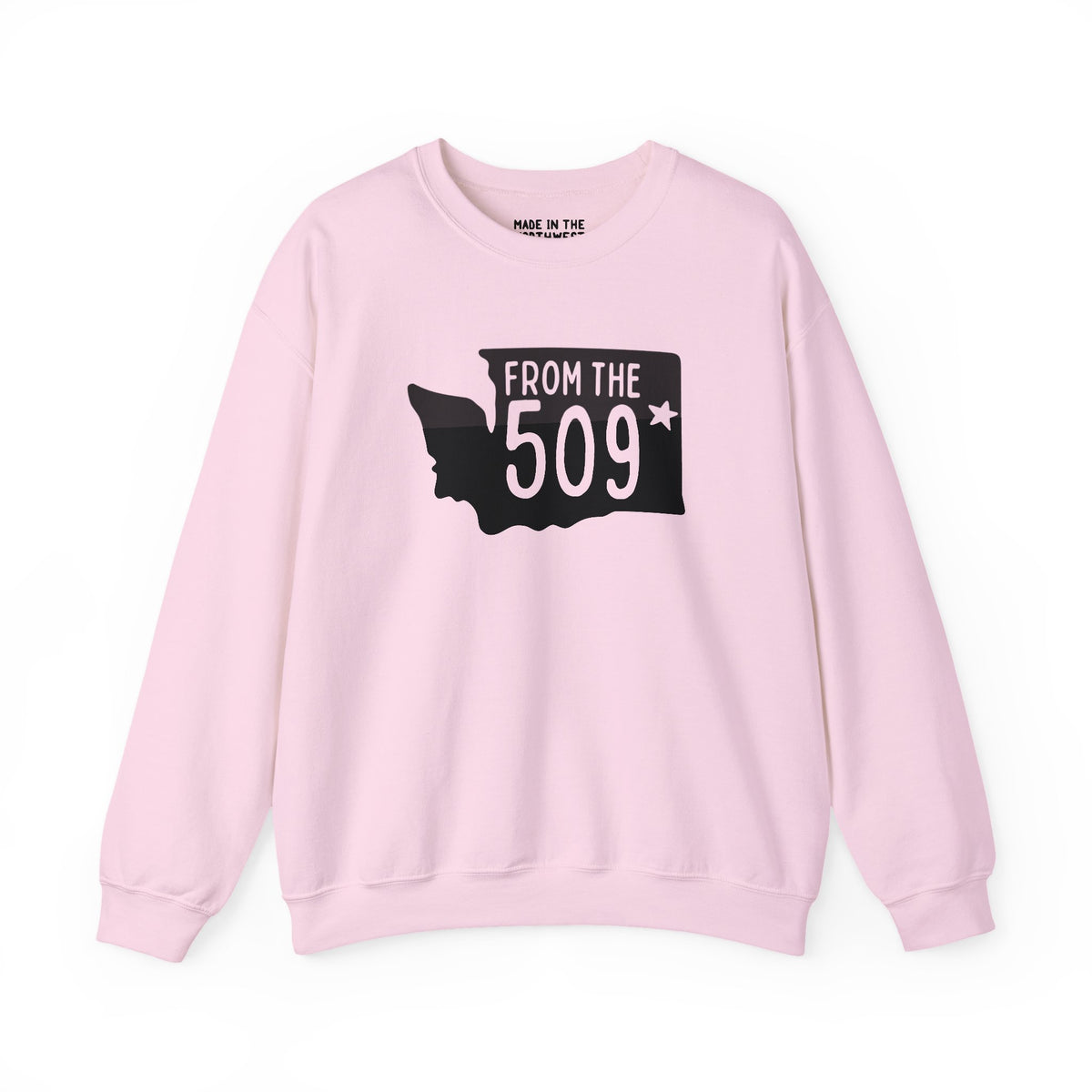 From the 509 Spokane cozy sweatshirt in pink featuring Washington state silhouette with star, perfect for local pride.