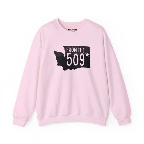 From the 509 Spokane cozy sweatshirt in pink featuring Washington state silhouette with star, perfect for local pride.