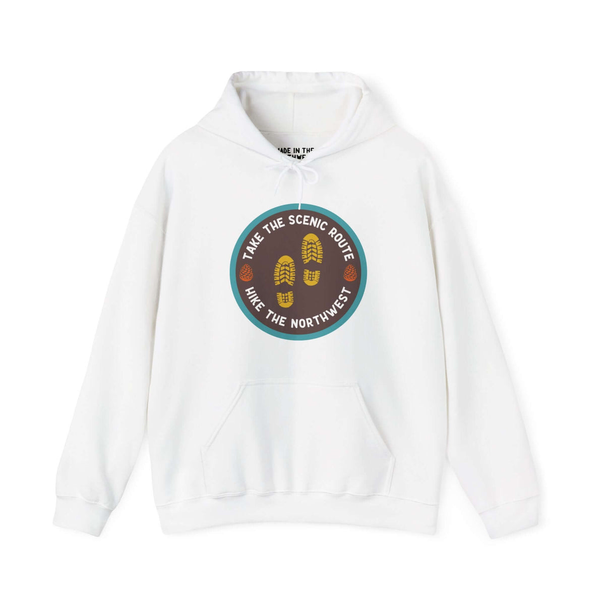 White hoodie with "Take the Scenic Route - Hike the Northwest" design, featuring hiking boot prints on the front.