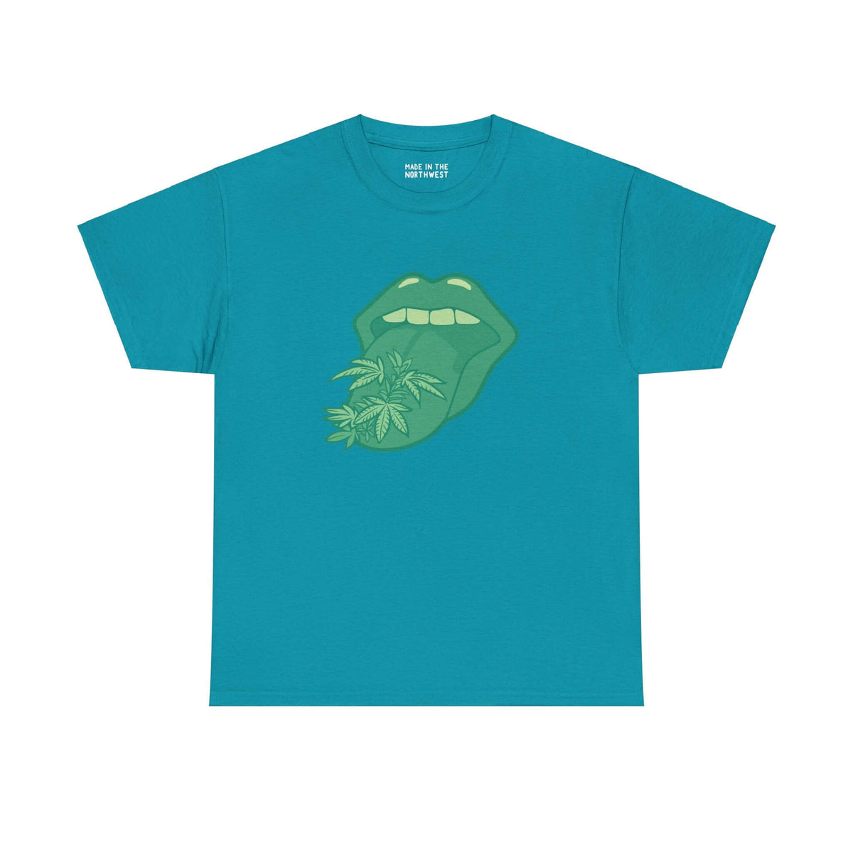 "Tongue Tied and Lifted Tee with green tongue and marijuana leaves graphic on a blue athletic shirt"