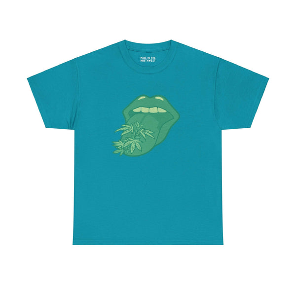 "Tongue Tied and Lifted Tee with green tongue and marijuana leaves graphic on a blue athletic shirt"