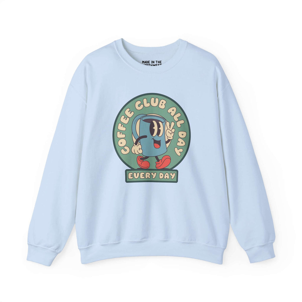 Light blue sweatshirt with "Coffee Club All Day Every Day" design featuring a cheerful coffee cup character.