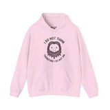 Pink hoodie with cartoon Bigfoot and playful quote 