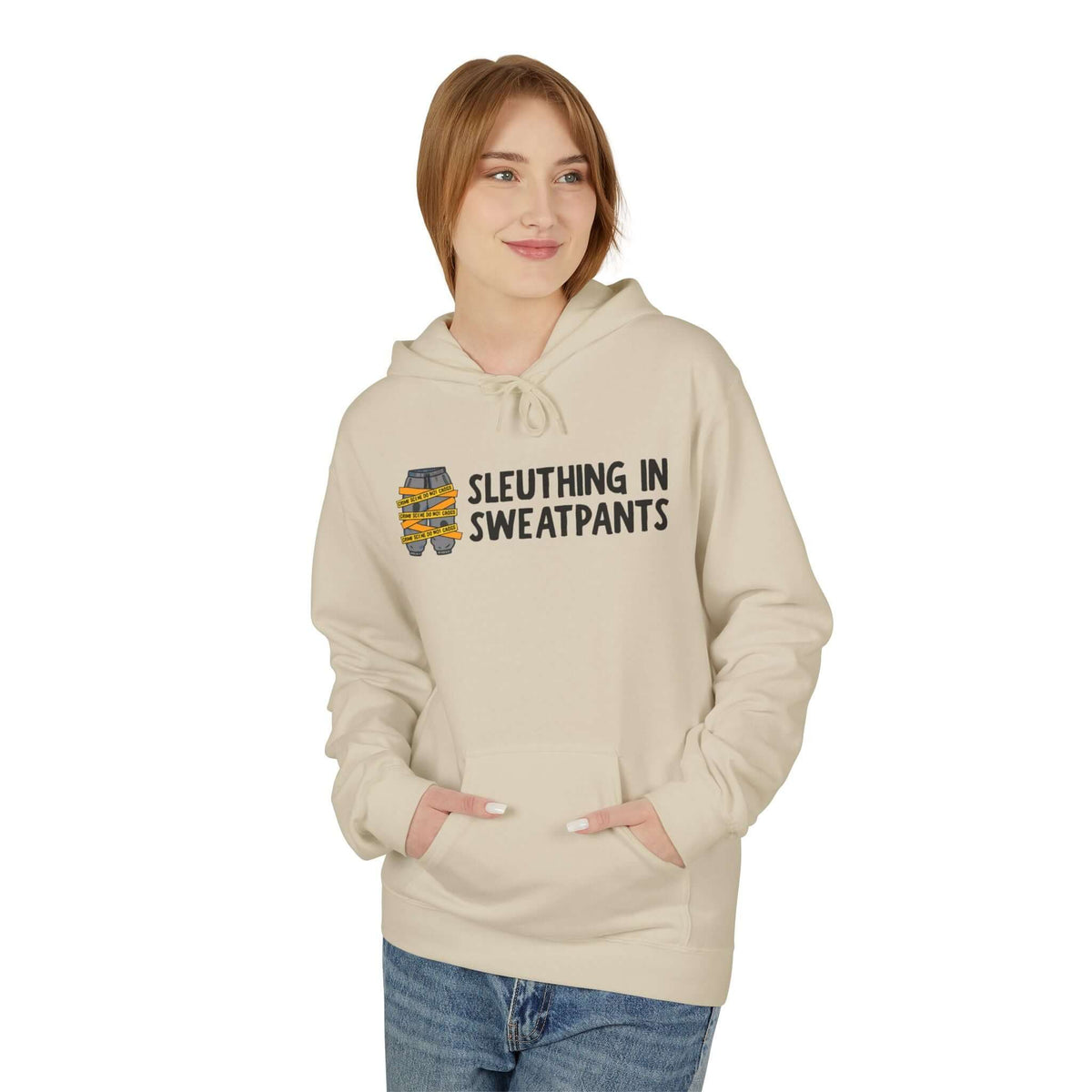 Model wearing a Sleuthing in Sweatpants Hoodie, showcasing cozy fleece fabric and playful design.