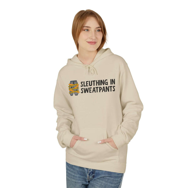 Model wearing a Sleuthing in Sweatpants Hoodie, showcasing cozy fleece fabric and playful design.