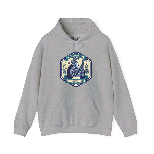 Gray Custom Cycles Northwest hoodie with motorcycle logo, perfect for bike enthusiasts seeking style and comfort.