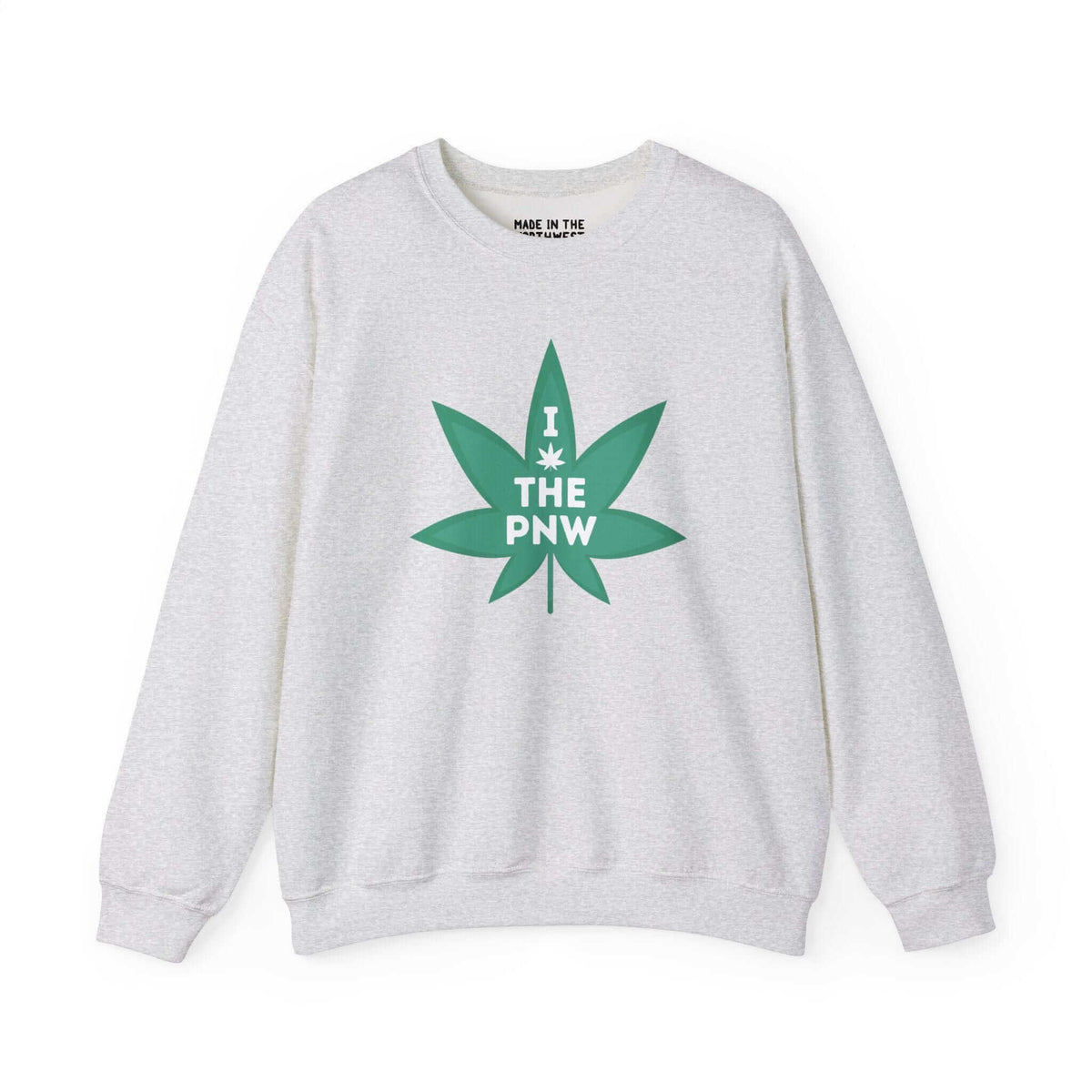 "Chronic PNW Love Sweatshirt with marijuana leaf graphic, celebrating Pacific Northwest spirit and laid-back lifestyle."